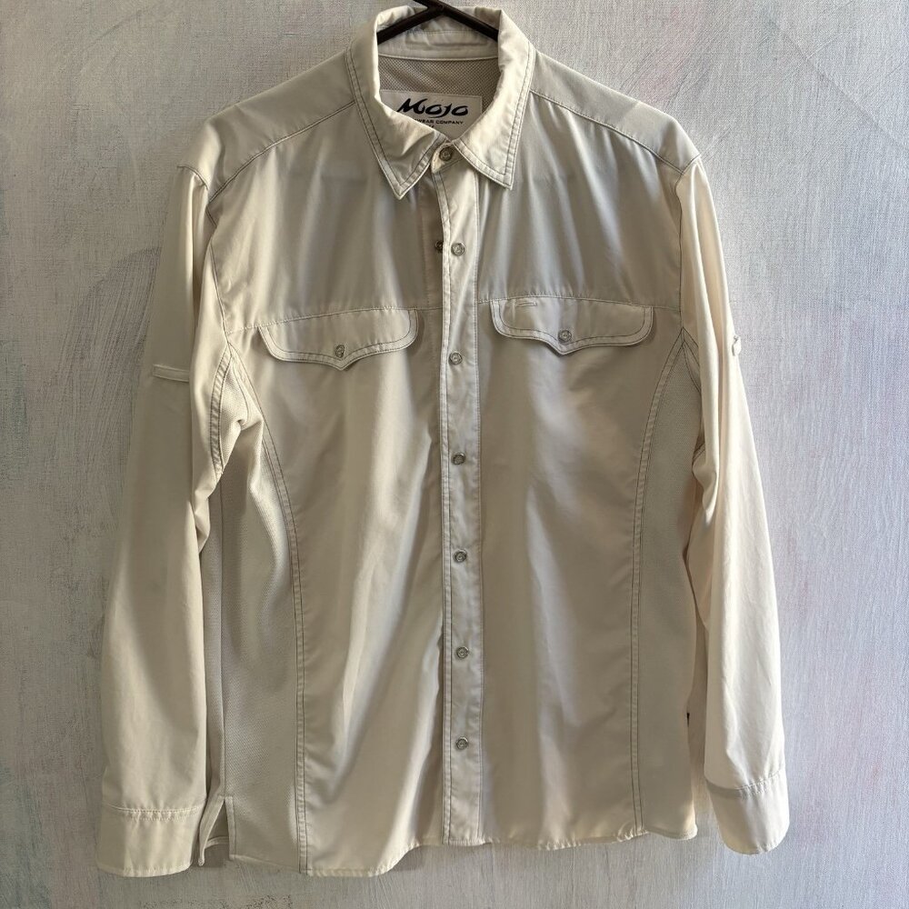 MOJO Men’s Medium Ivory White Check Fishing Shirt Long Sleeve Breathable Easy